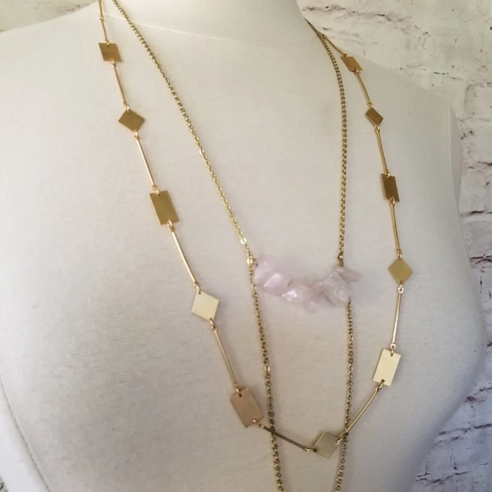 Rose Quartz Stones and Gold Cutout Shapes Layered Double Strand Chain Necklace